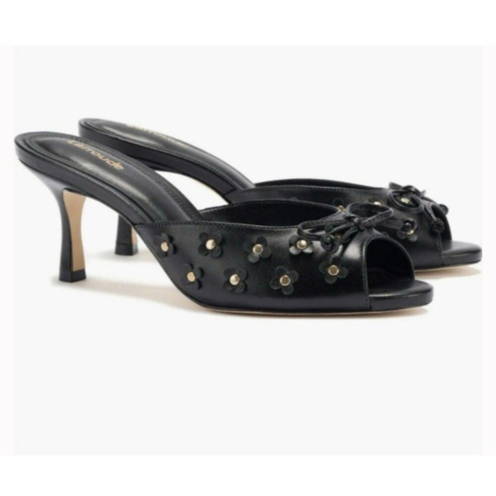 Larroude Jasmine Black Studded Leather Mule Size 8.5 Peep Toe Heel Slip-On